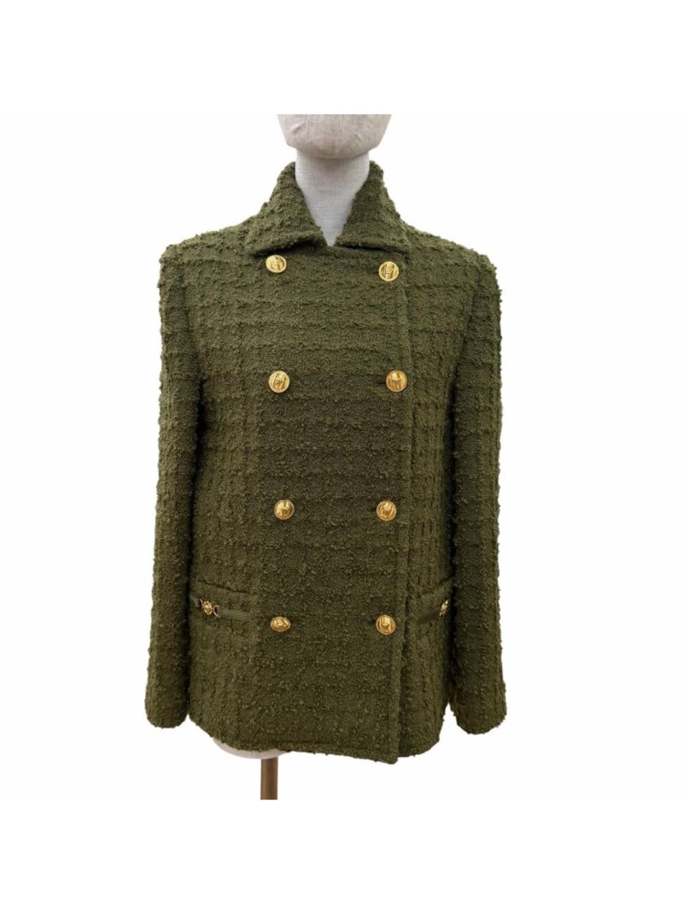 Versace Wool Mohair Heritage Medusa Tweed Double Breasted Coat Khaki 36 Garment
